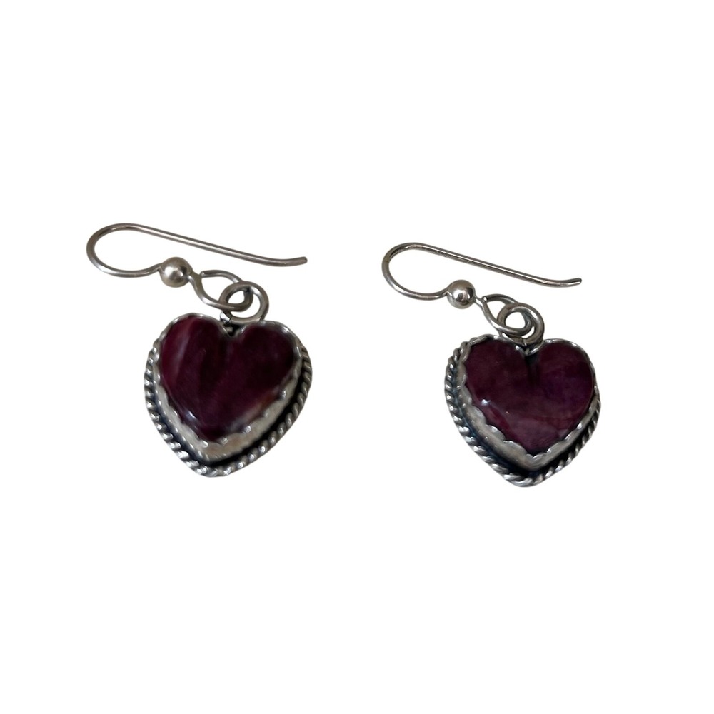 Joan Slifka Sterling Silver Plum Carved Heart Dangle Earrings Signed Hallmarked - Picture 8 of 10